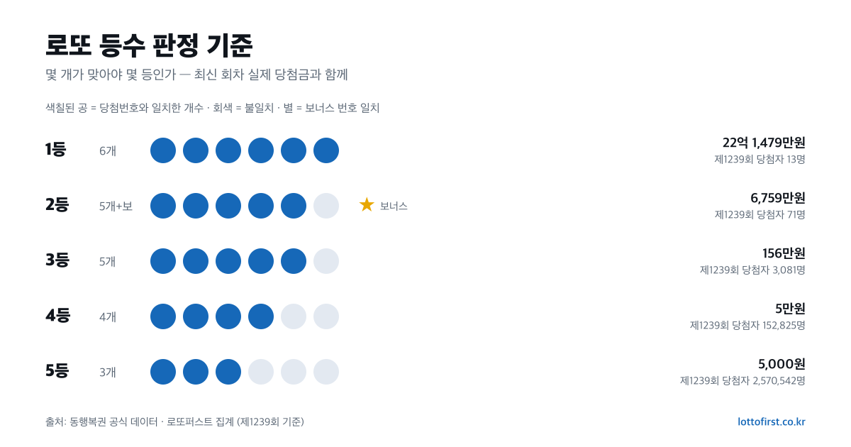 로또 1등부터 5등까지 등수 판정 기준 도식 — 일치 개수와 보너스 번호, 최신 회차 당첨금